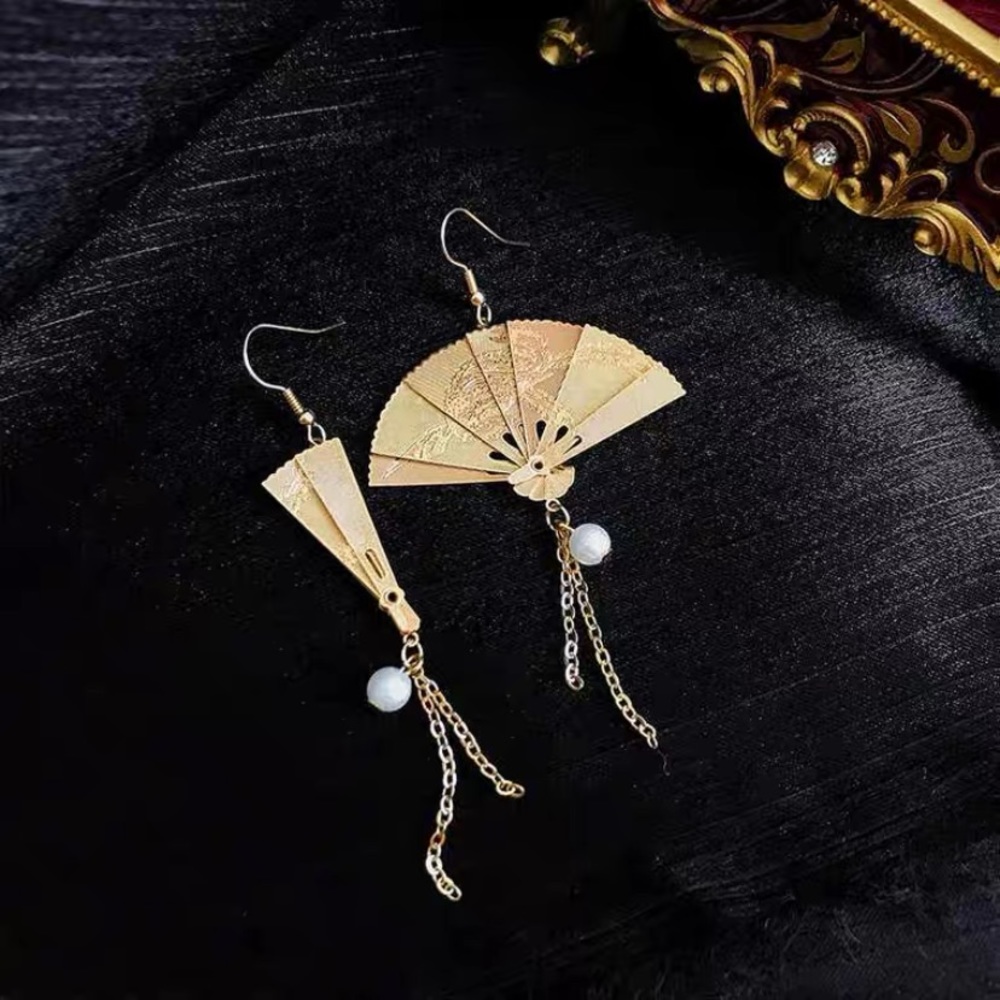 Golden Fan Earrings Antique Asian Art Tassels - Picture 11 of 14